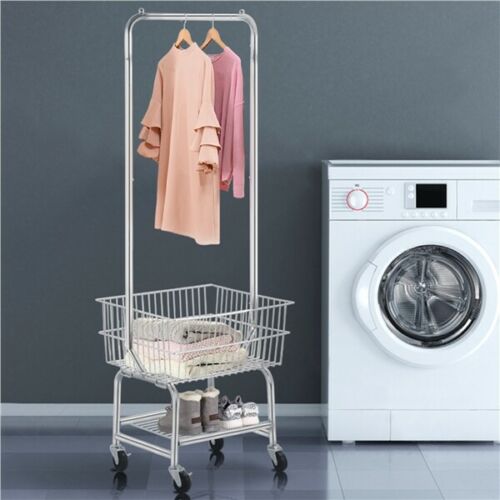 Heavy Duty Garment Organizer Laundry Cart With Storage Basket Double Pole Rack