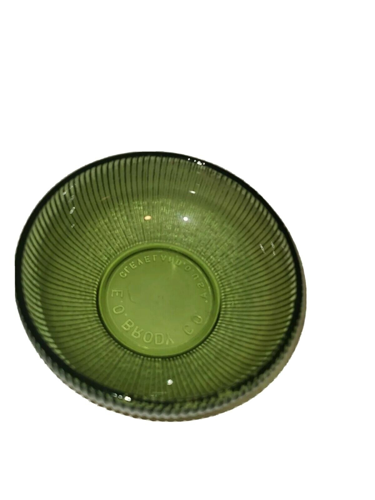Vintage E O Brody Co Green Glass Ribbed Serving Bowl Cleveland Usa