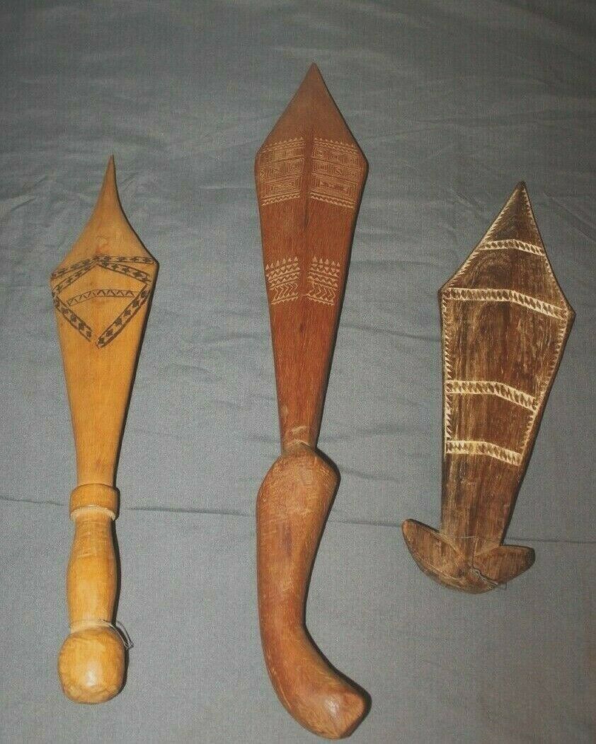 Lot Of 3 Vintage Solomon Island Samoan War Clubs Pacific Polynesian