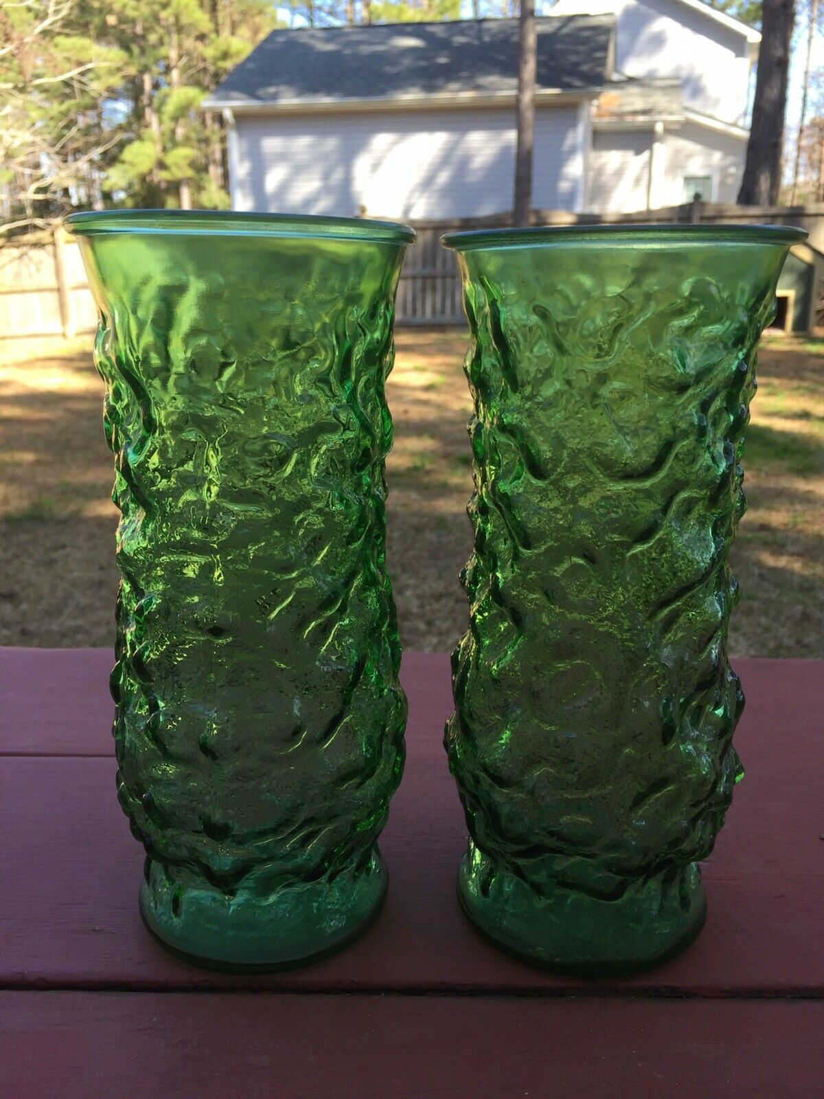 Set Of 2 Matching Vintage E O Brody Emerald Green Crinkle Glass Vases