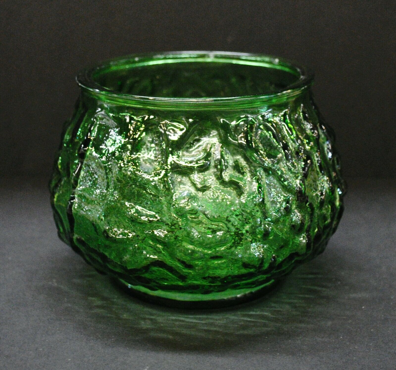 Vintage Emerald Green E O Brody Co Glass Crinkle Textured Vase/planter, 5.5"x5.5